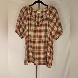 beachlunchlounge Golden Maple Plaid Notched V-Neck Puff Sleeve Blouse